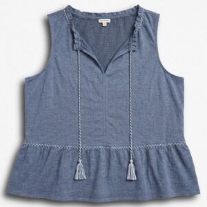Max Studio Blue Sleeveless Peplum Top Tassel Tie Boho Blouse Womens 1X